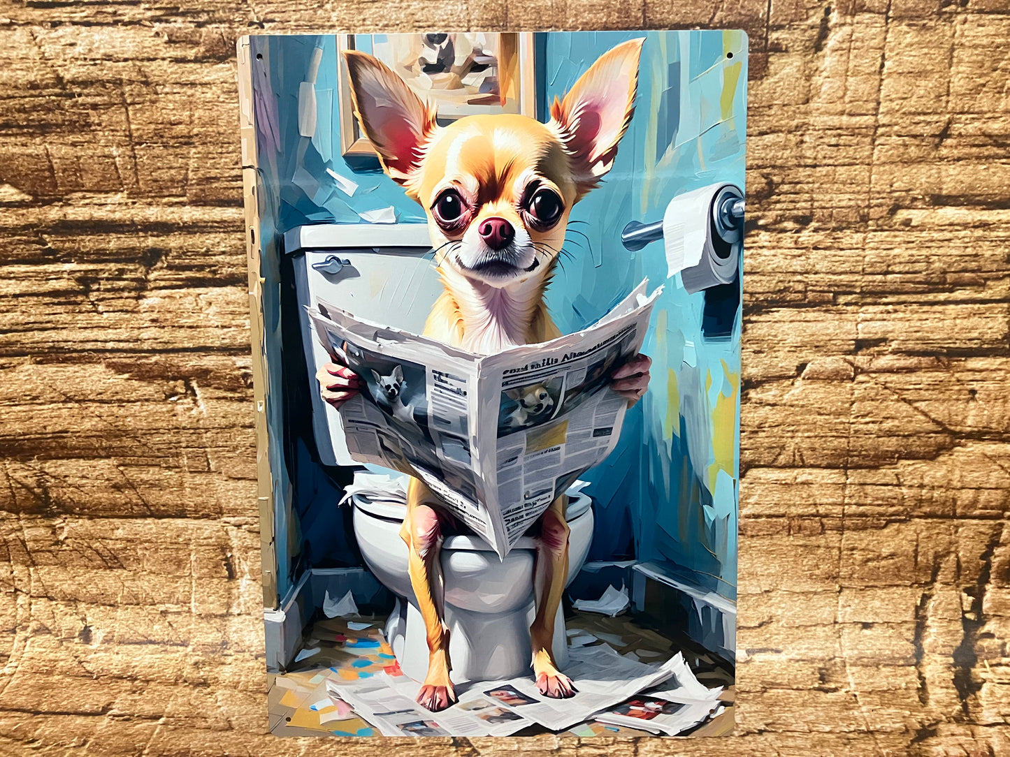 Chihuahua op het Toilet met Krant wandbord