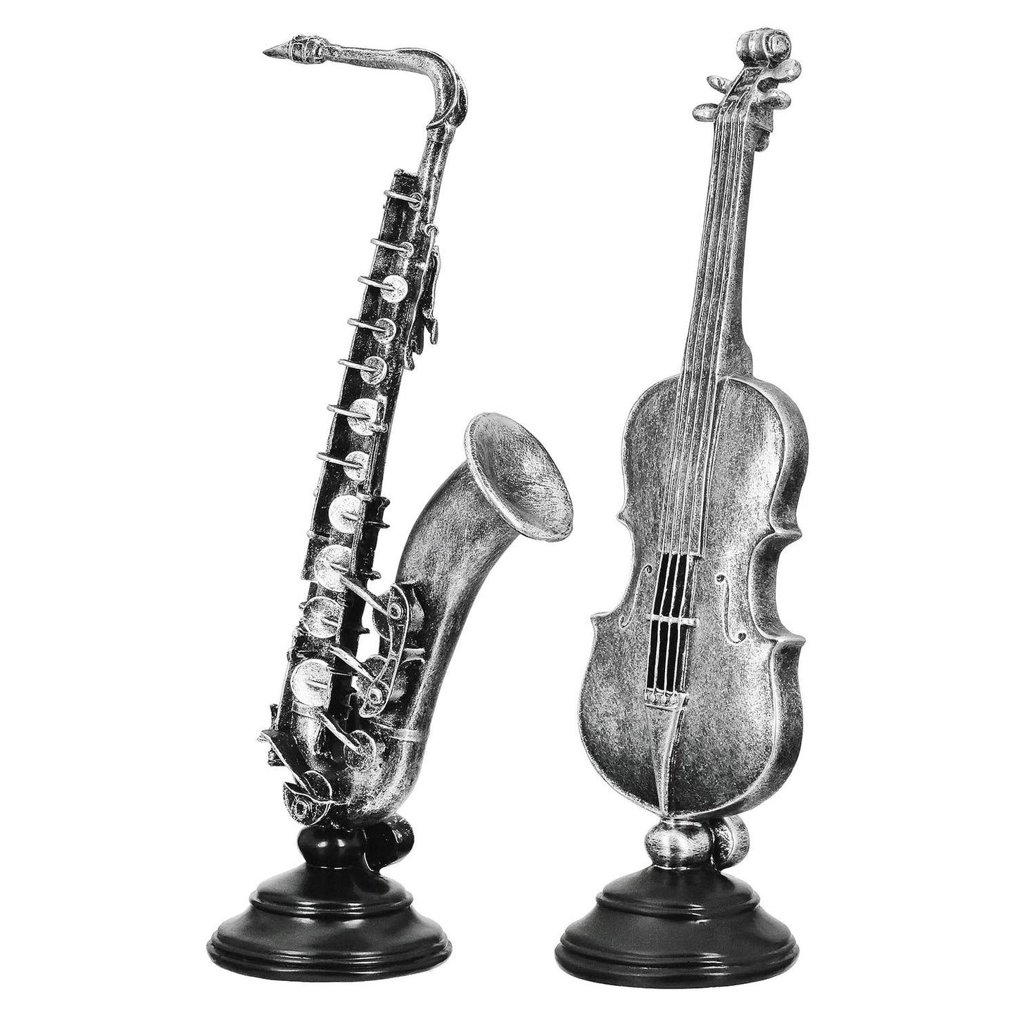Beeldhouwwerk Cello & Saxofoon 2-sort. zilverkleurig, VE 2: Op basis, antieke afwerking, op ronde basis: 9 x 9,5 x 3,5 cm Cello: 10 x 10 x 36 cm Saxofoon: 14,5 x 10 x 36,5 cm / Zilver / Kunsthars