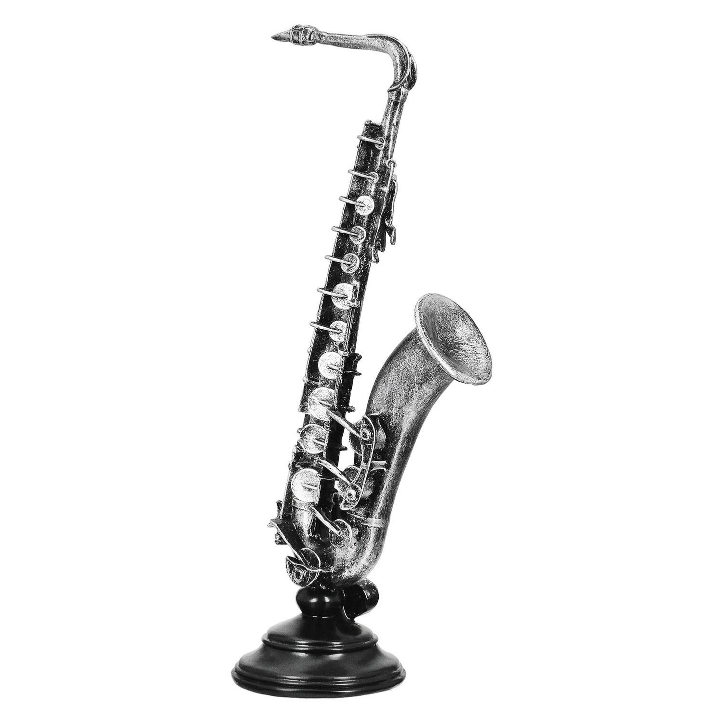 Beeldhouwwerk Cello & Saxofoon 2-sort. zilverkleurig, VE 2: Op basis, antieke afwerking, op ronde basis: 9 x 9,5 x 3,5 cm Cello: 10 x 10 x 36 cm Saxofoon: 14,5 x 10 x 36,5 cm / Zilver / Kunsthars