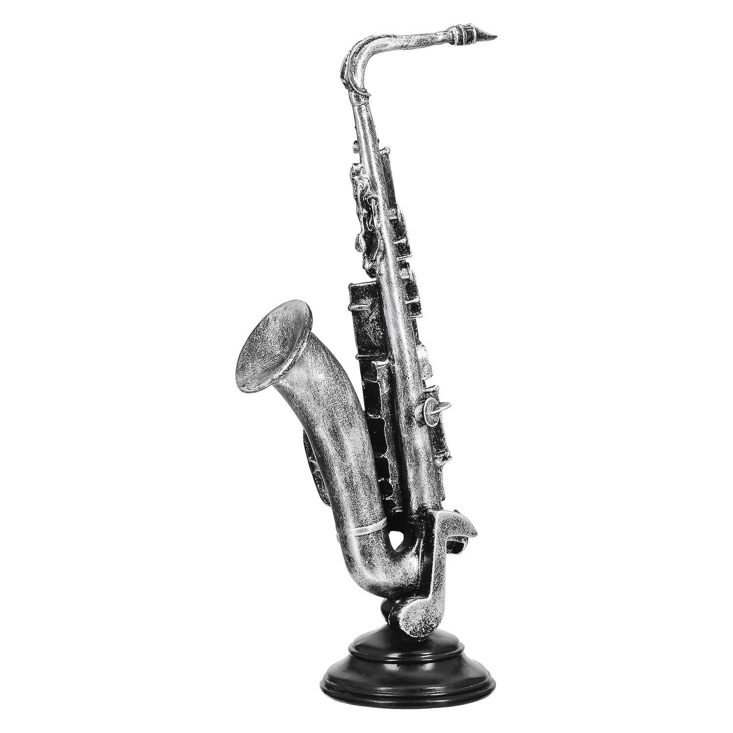 Beeldhouwwerk Cello & Saxofoon 2-sort. zilverkleurig, VE 2: Op basis, antieke afwerking, op ronde basis: 9 x 9,5 x 3,5 cm Cello: 10 x 10 x 36 cm Saxofoon: 14,5 x 10 x 36,5 cm / Zilver / Kunsthars