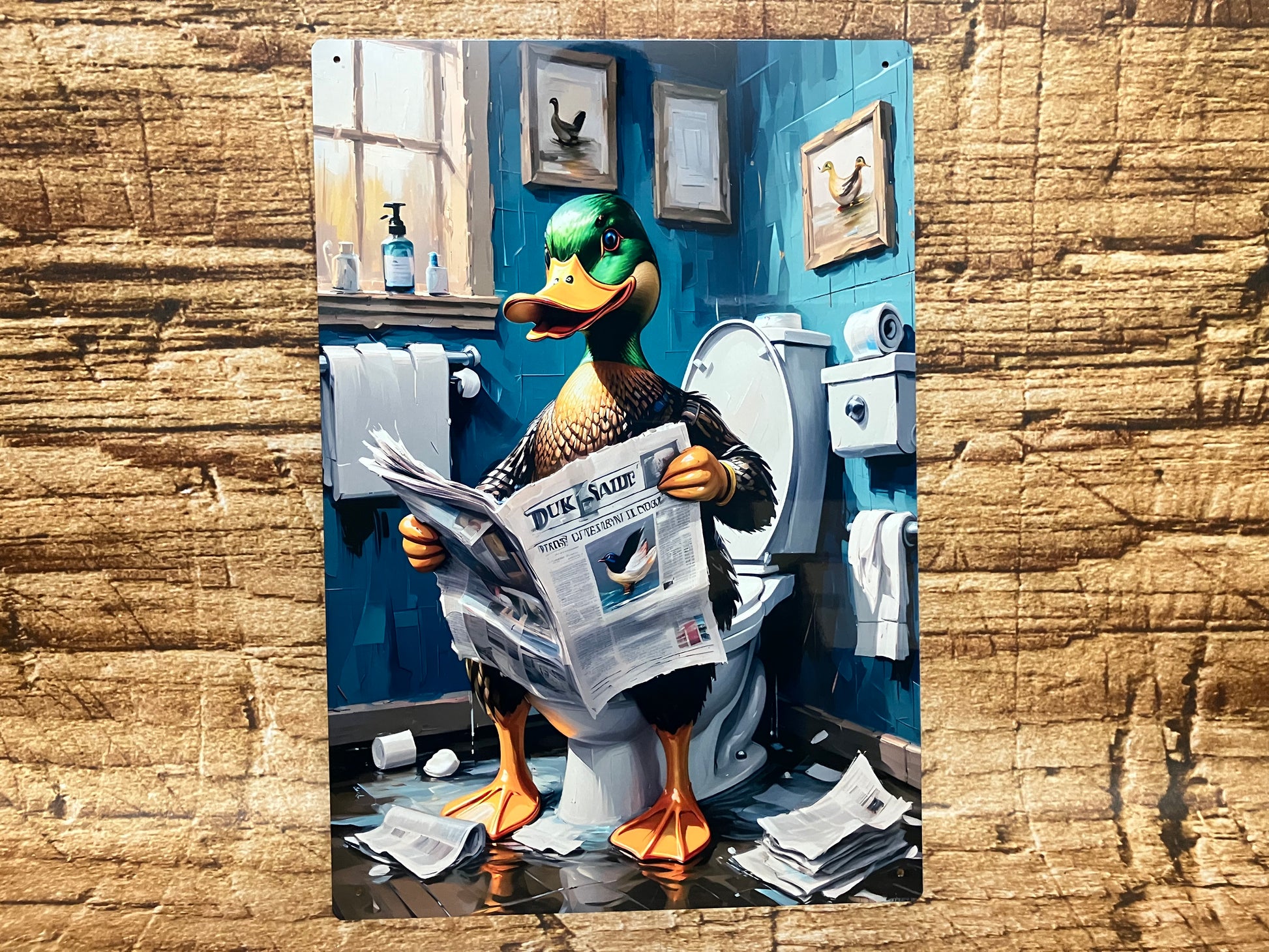  Humoristische illustratie van een eend die op een toilet zit en een krant leest met de titel “DUCK SAUCE”, in een gedetailleerde badkamer met toiletpapier, handdoek, zeepdispensers en eendenkunst aan de muur, weergegeven in cartoonstijl op een houten achtergrond.
