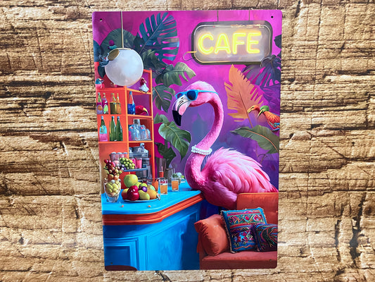 Vrolijke, kleurrijke illustratie van een roze flamingo met zonnebril en parelketting die ontspannen aan een cafétoonbank zit. Voor de flamingo liggen diverse stukken fruit en glazen sap, terwijl op de achtergrond tropische bladeren, een neon “CAFE”-bord, flessen op een plank en een koffiemachine te zien zijn. Een hanglamp en twee kleine vogels versterken de speelse, tropische cafésfeer.