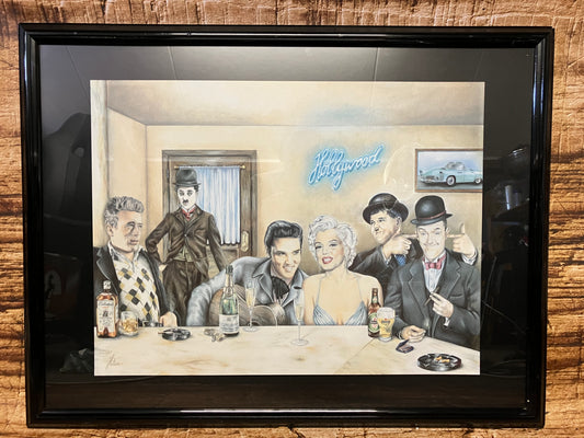 “Vintage Hollywood schilderij met James Dean, Charlie Chaplin, Elvis Presley, Marilyn Monroe, Laurel en Hardy in een barsetting, ingelijst als retro wanddecoratie.”