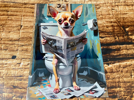 Chihuahua on the Toilet with Newspaper Wall Plaque