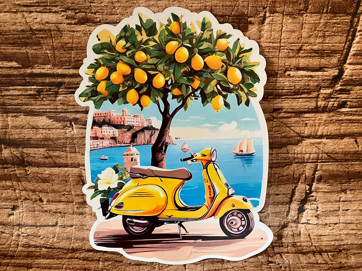 Metalen Wandbord Vespa & Citroenboom Italiaanse kust