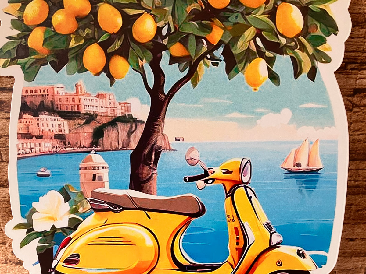 Metalen Wandbord Vespa & Citroenboom Italiaanse kust