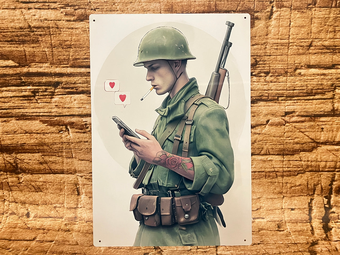 llustratie van een soldaat in klassieke groene militaire uitrusting met helm, riem en uitrustingszakken, die nonchalant op zijn smartphone kijkt. Over zijn schouder hangt een geweer, een sigaret bungelt uit zijn mond en op zijn onderarm staat een rozentattoo. Boven de telefoon verschijnen twee rode hart‑icoontjes alsof hij berichten of likes ontvangt. De soldaat staat tegen een neutrale ronde achtergrond, wat het humoristische contrast benadrukt tussen vintage oorlogskleding en moderne social‑media‑gewoonte