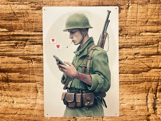 llustratie van een soldaat in klassieke groene militaire uitrusting met helm, riem en uitrustingszakken, die nonchalant op zijn smartphone kijkt. Over zijn schouder hangt een geweer, een sigaret bungelt uit zijn mond en op zijn onderarm staat een rozentattoo. Boven de telefoon verschijnen twee rode hart‑icoontjes alsof hij berichten of likes ontvangt. De soldaat staat tegen een neutrale ronde achtergrond, wat het humoristische contrast benadrukt tussen vintage oorlogskleding en moderne social‑media‑gewoonte