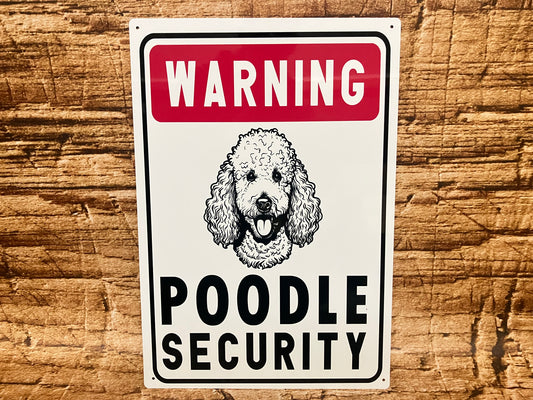 Waarschuwingsbord met een getekende poedel en de tekst “Warning – Poodle Security”.